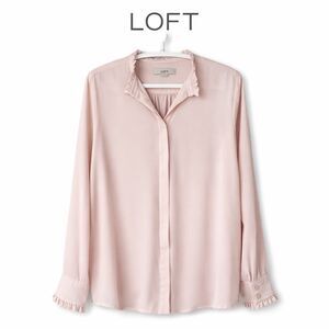 LOFT Blush Pink Ruffle Neck Sleeve Romantic Blouse Size Large Long Sleeve Top